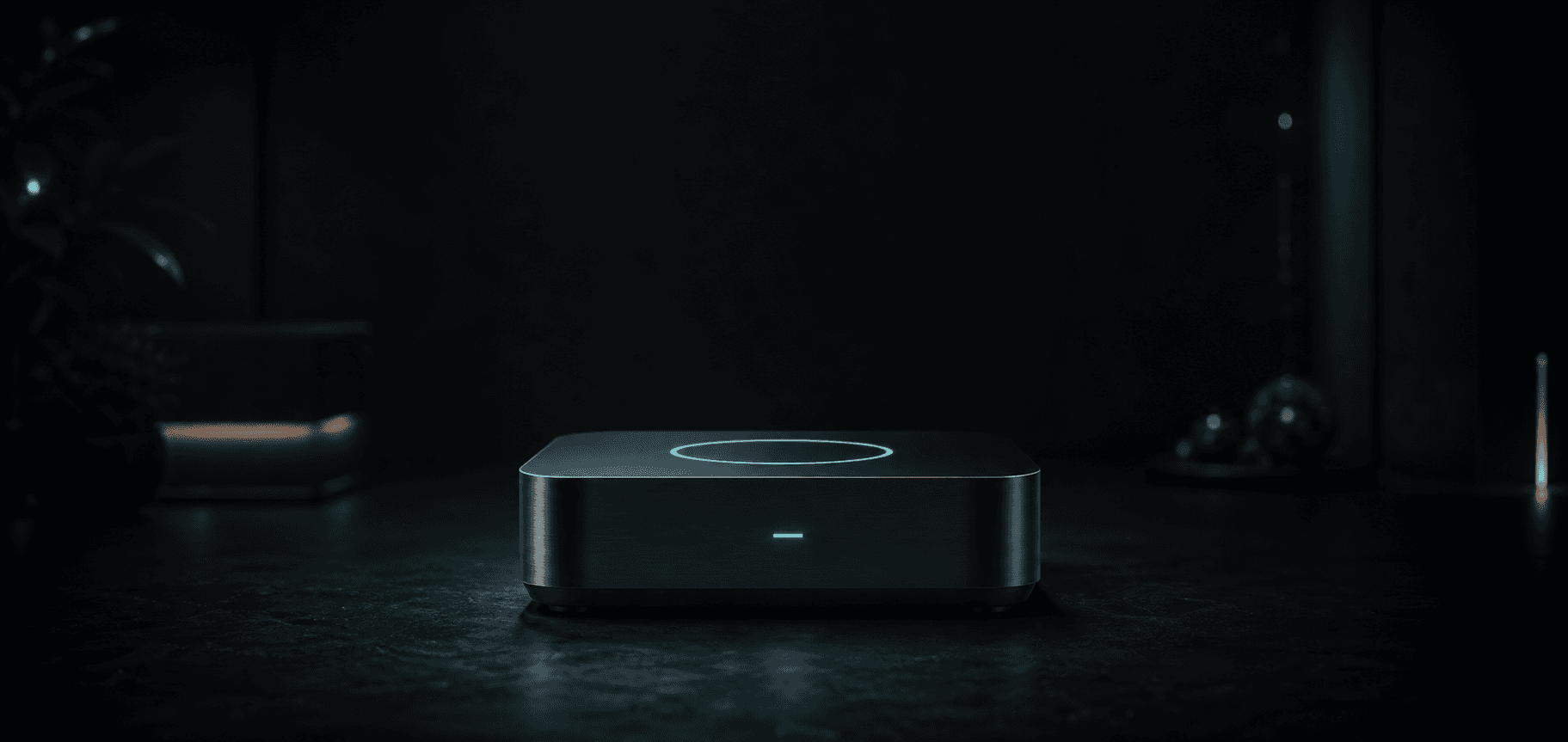 Edge AI Hub device in a quiet dark studio